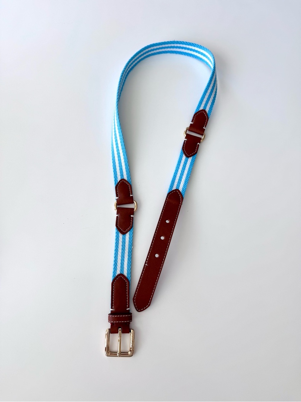 Tommy Hilfiger Striped Light Blue Belt with Brown Leather Golden Tone Buckle M